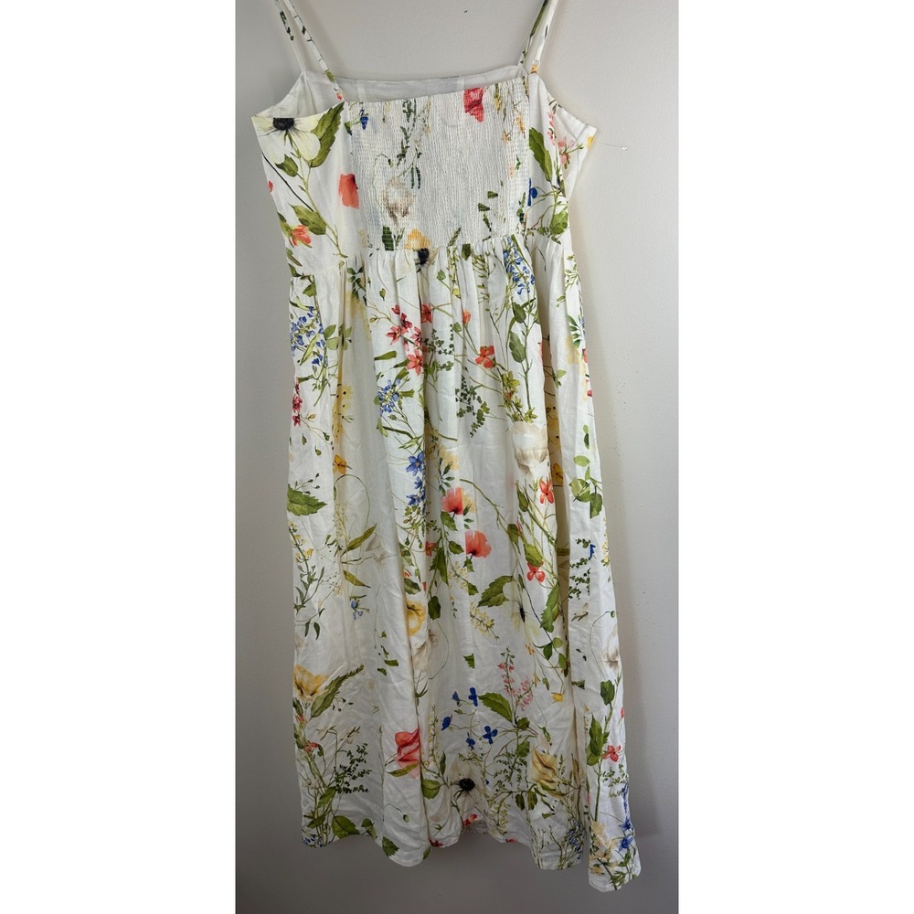 H&M LinenBlend Floral Midi Dress Medium White Wildflower Smocked Dainty Romantic - Picture 7 of 13
